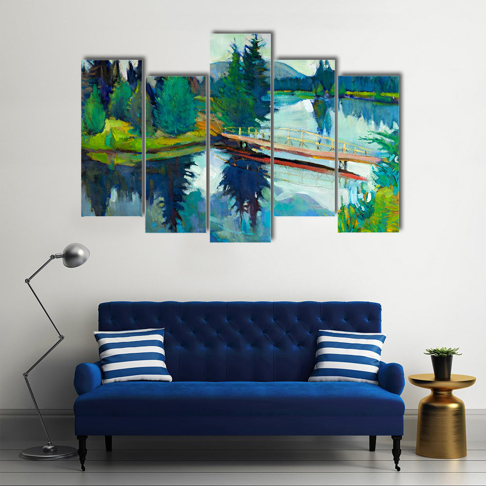 Wooden Bridge Over Reflective River Canvas Wall Art