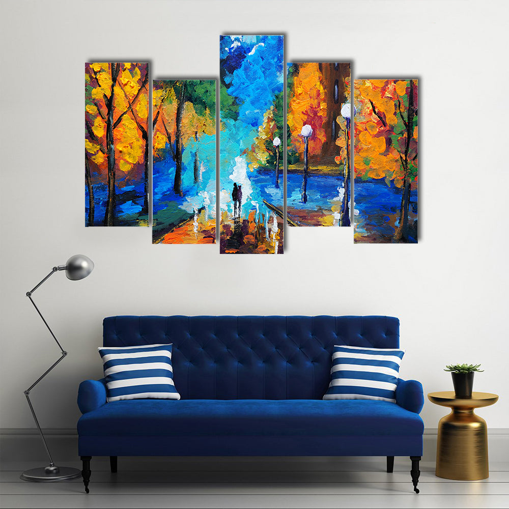 Autumn Couple Under Glowing Streetlights Canvas Wall Art