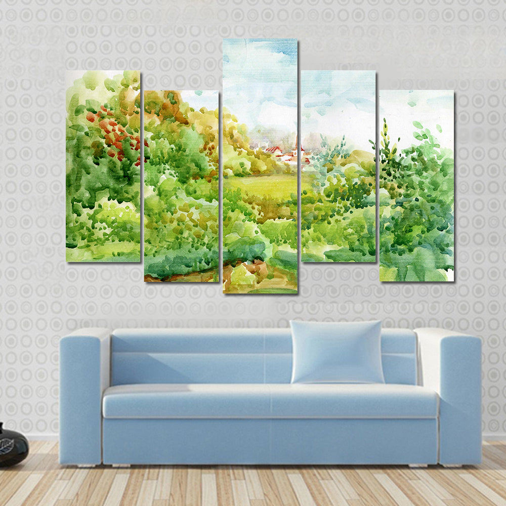 Village Watercolor Landscape with Red-roofed Church Canvas Wall Art