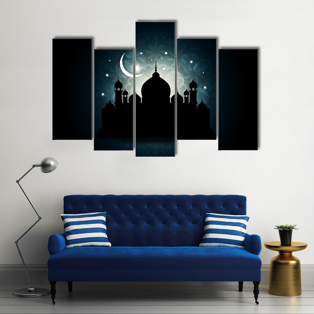 Mosque Silhouette with Crescent Moon and Mandala Canvas Wall Art