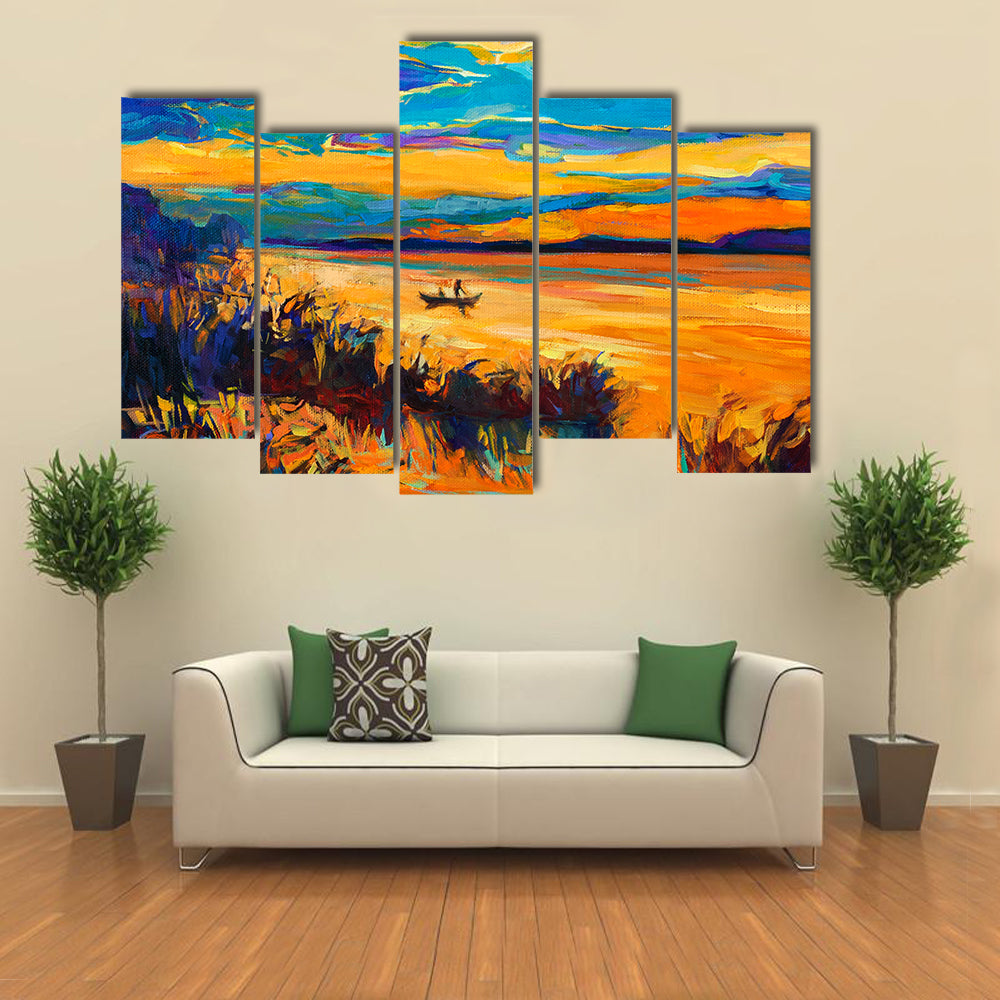 Rowboat on Lake at Sunset Canvas Wall Art