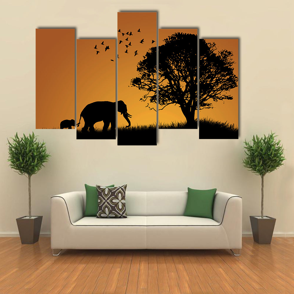 African Elephants In The Sunset Canvas Wall Art