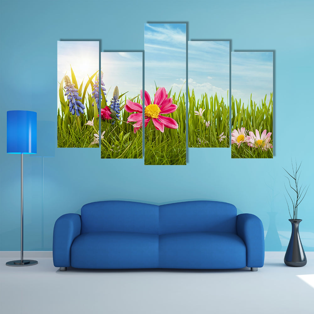 Spring Flowers Under Blue Sky Canvas Wall Art