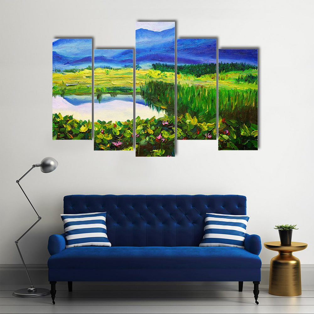 Summer Mountain Lake with Lotus Canvas Wall Art