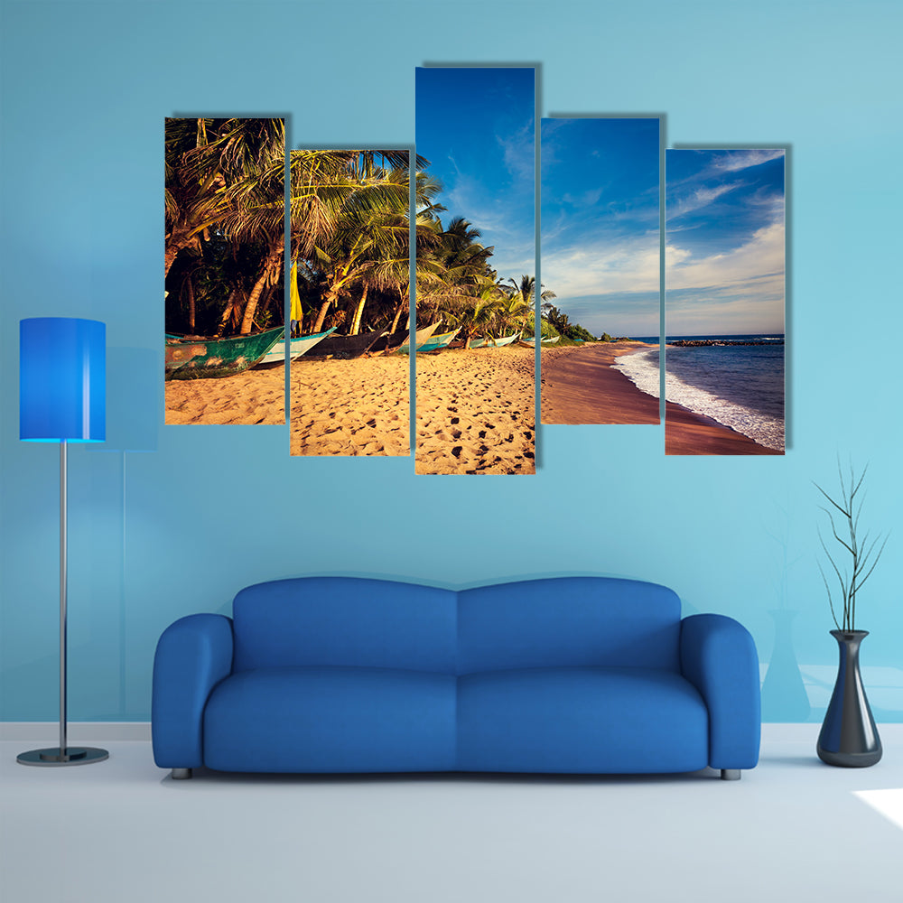 Boats On A Tropical Beach In Mirissa South Sri Lanka Canvas Wall Art