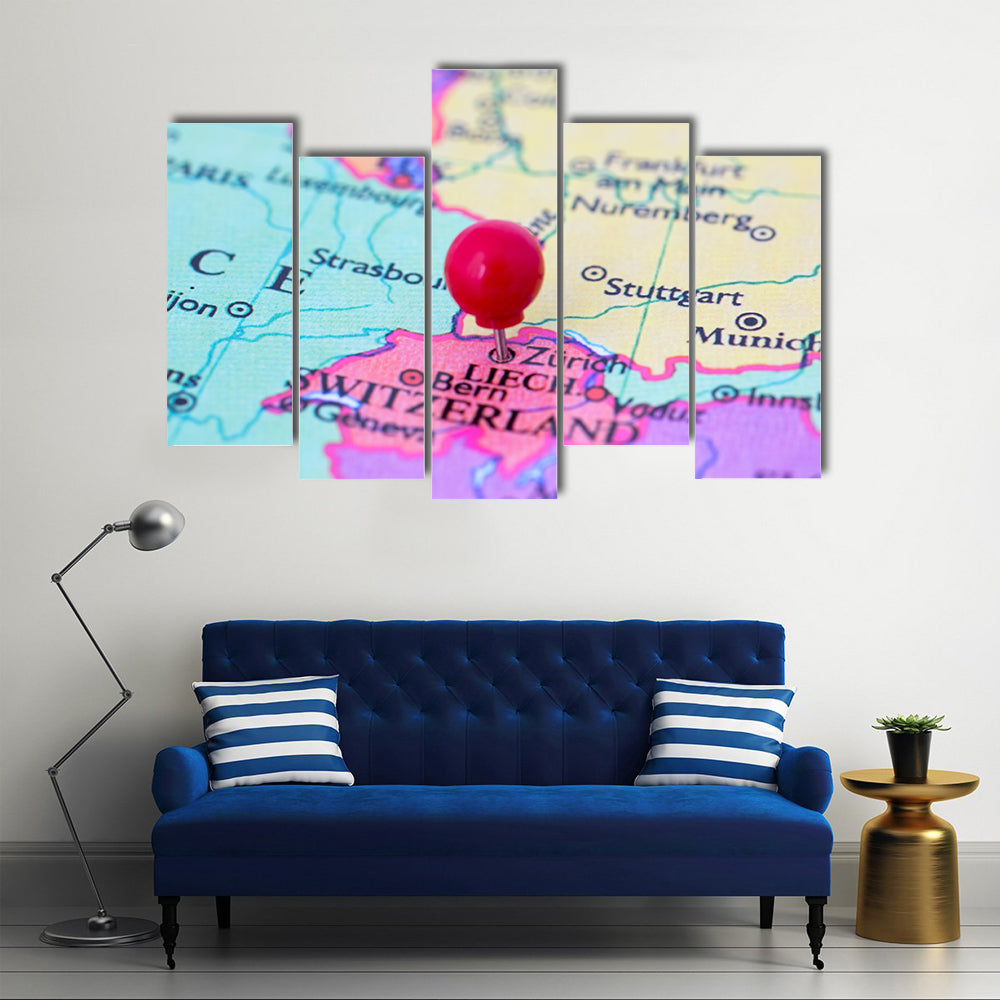 Red Pushpin on Map of Switzerland Canvas Wall Art