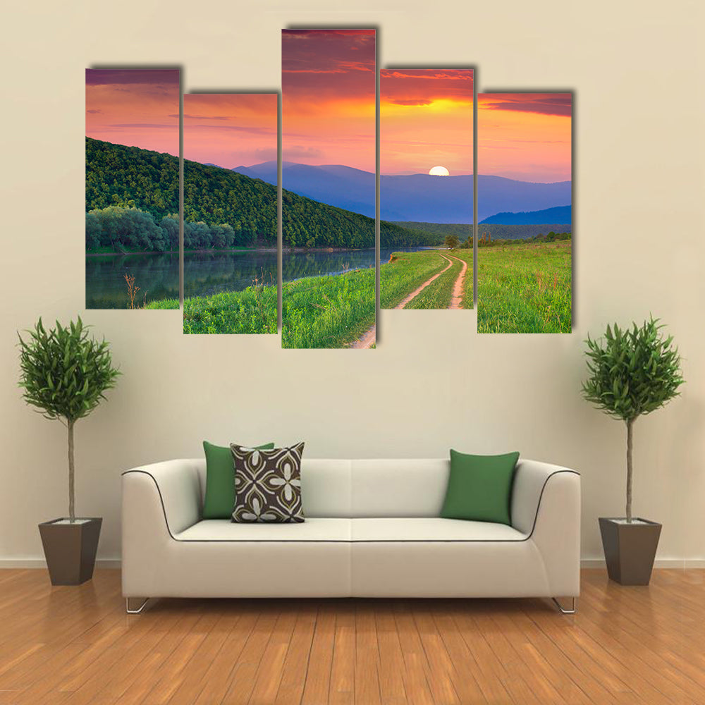 Sunset Meadow with River and Dirt Road Canvas Wall Art