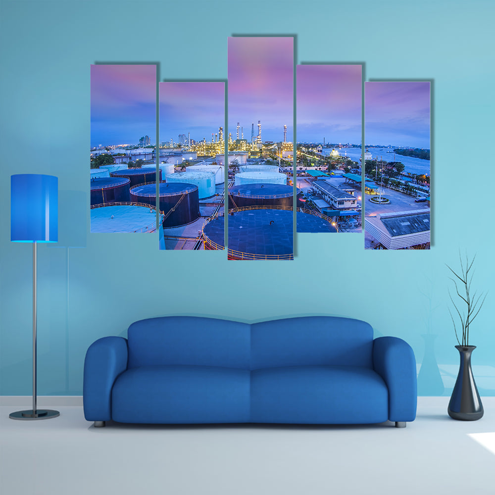 Twilight Oil Refinery with Storage Tanks Canvas Wall Art