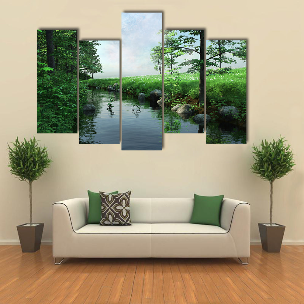 Green Meadow by a Winding Stream Canvas Wall Art