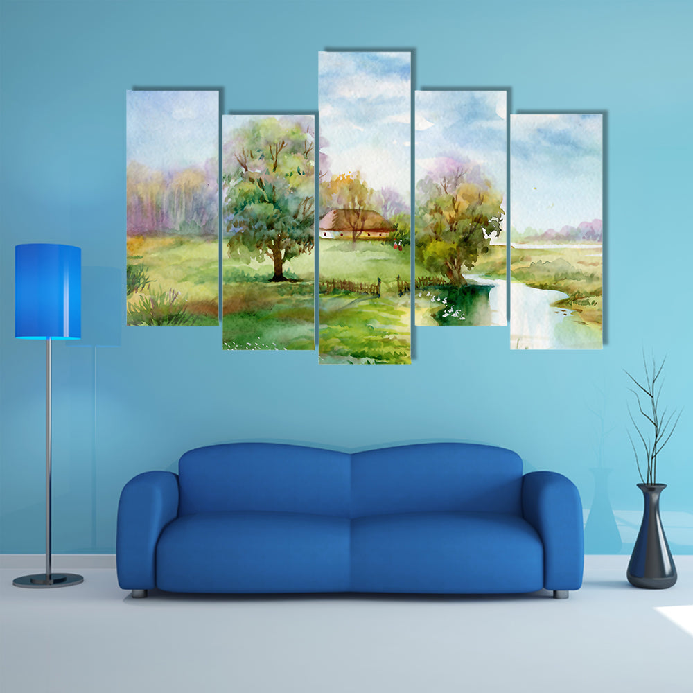 Thatched Cottage Beside Winding River Canvas Wall Art