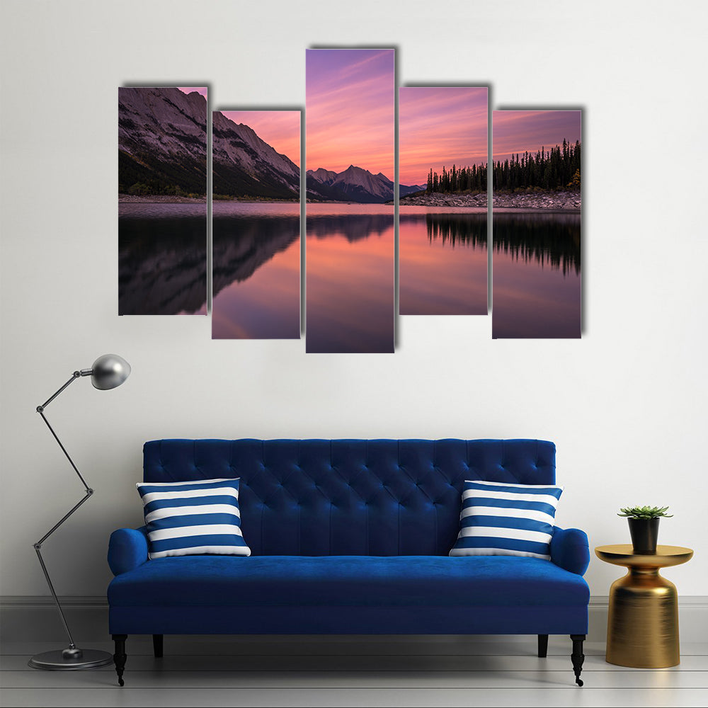 Medicine Lake At Sunset In Canadian Rockies Canvas Wall Art
