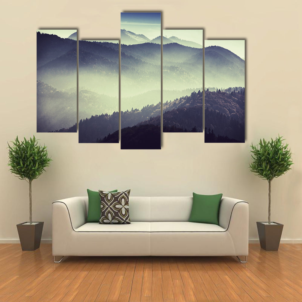 Misty Mountain Valley with Tower Silhouette Canvas Wall Art