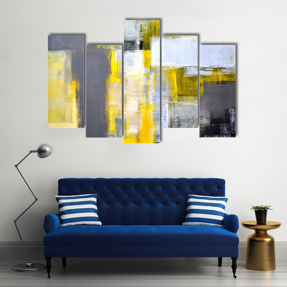 Layered Geometric Abstract with Yellow Bars Canvas Wall Art