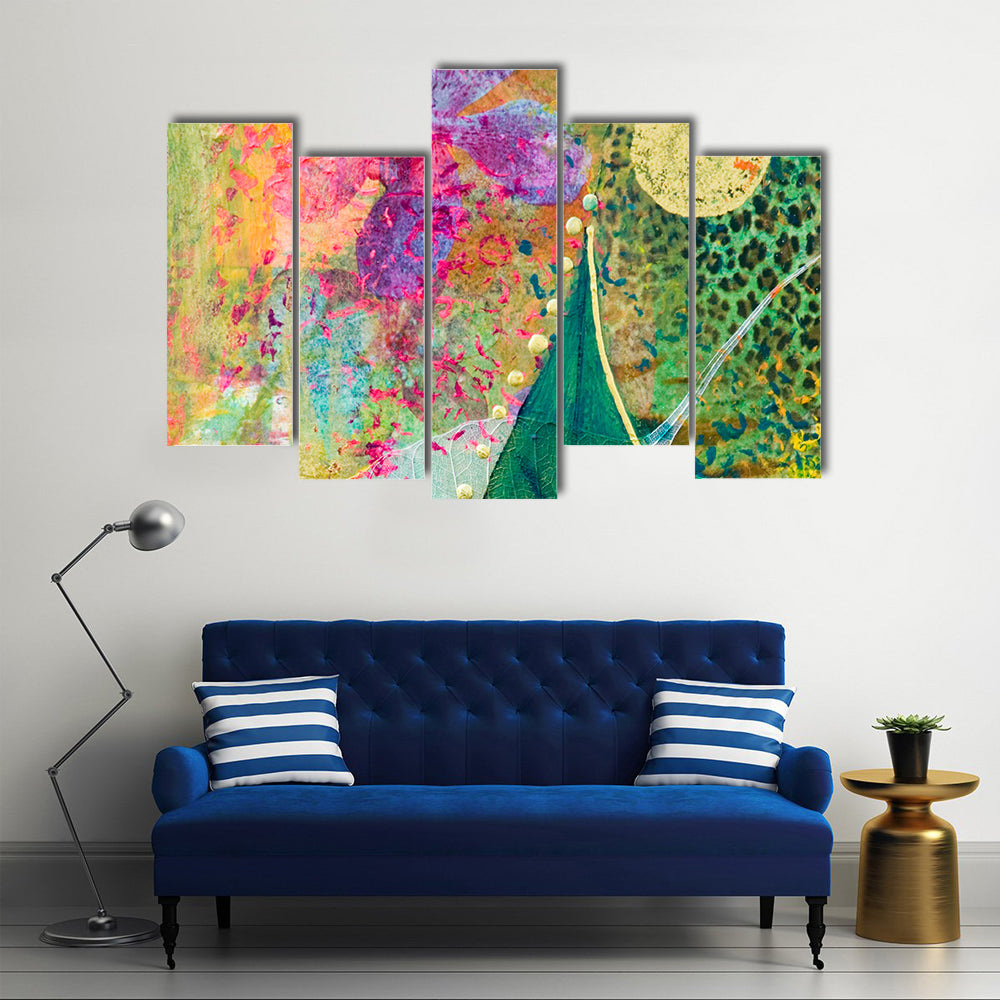 Green Leaf and Purple Orchid Abstract Canvas Wall Art