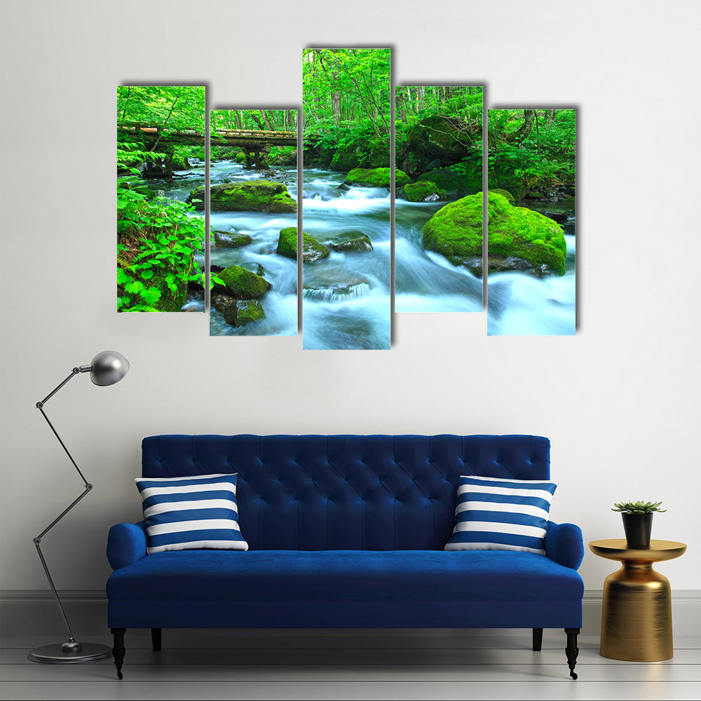 Stream In Spring Forest Canvas Wall Art in white, brown and green, framed print, product view on a white background
