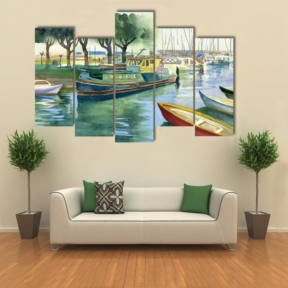 Watercolor Boats Canal Canvas Wall Art