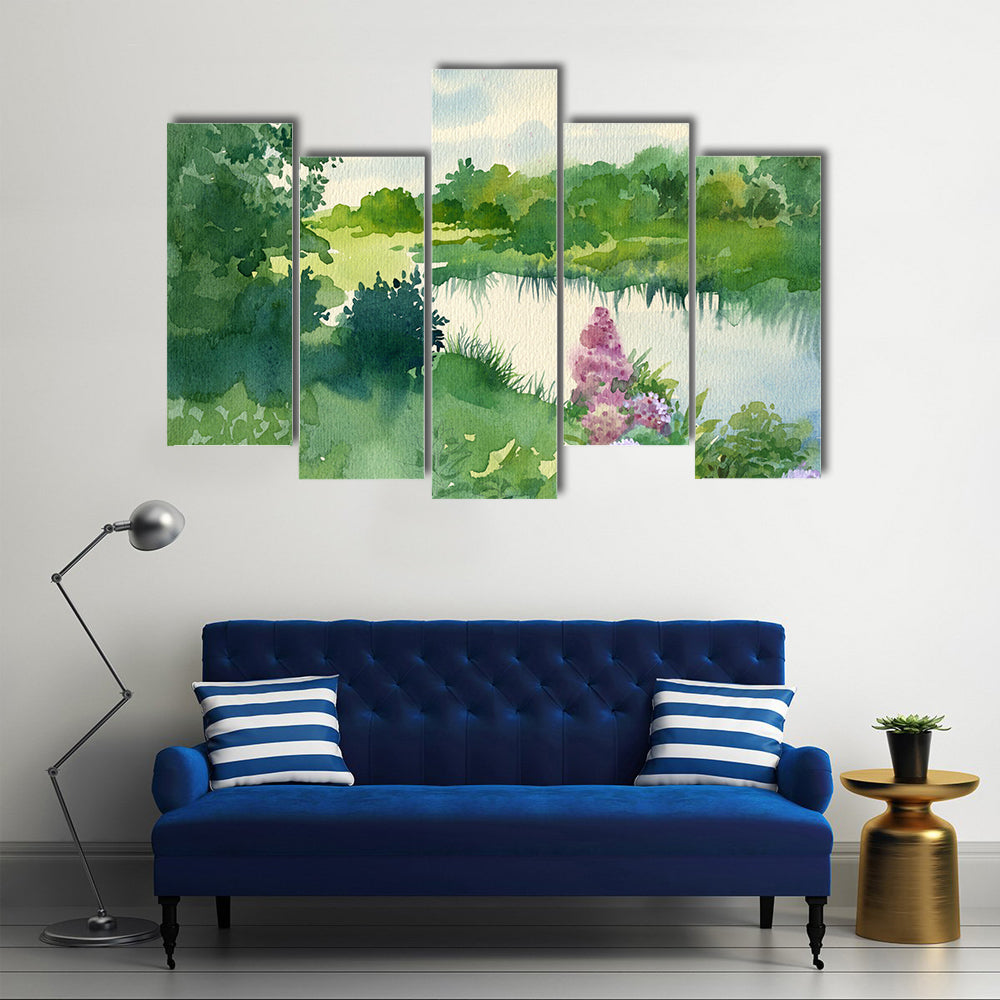 Watercolor River Landscape with Wildflowers Canvas Wall Art
