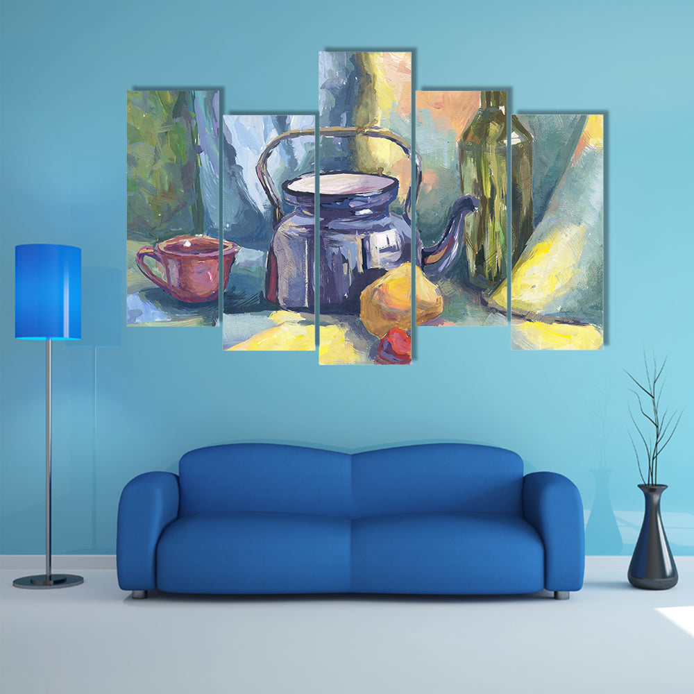 Dark Blue Kettle and Lemon Still Life Canvas Wall Art