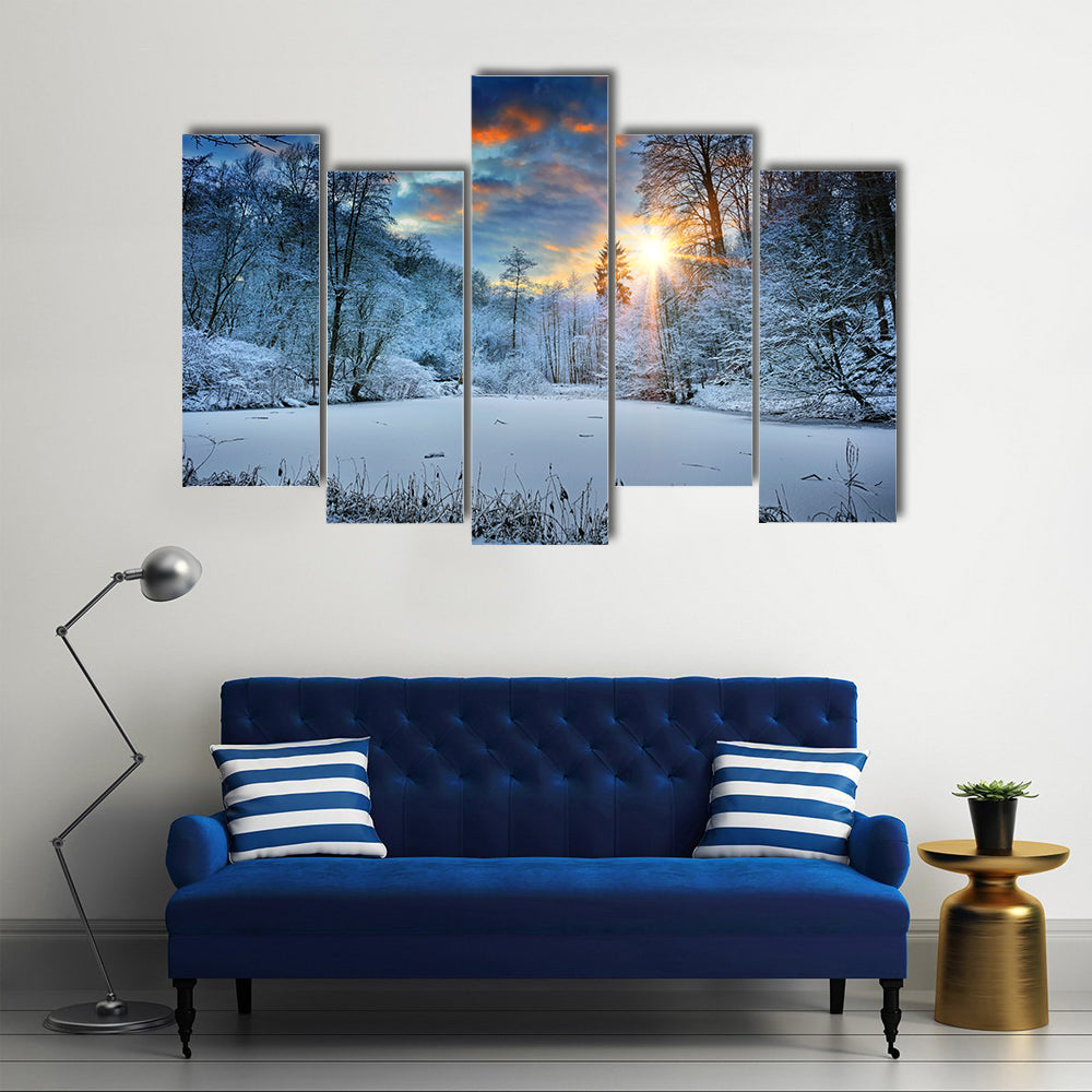Spectacular Sunset Over Winter Forest Lake Canvas Wall Art
