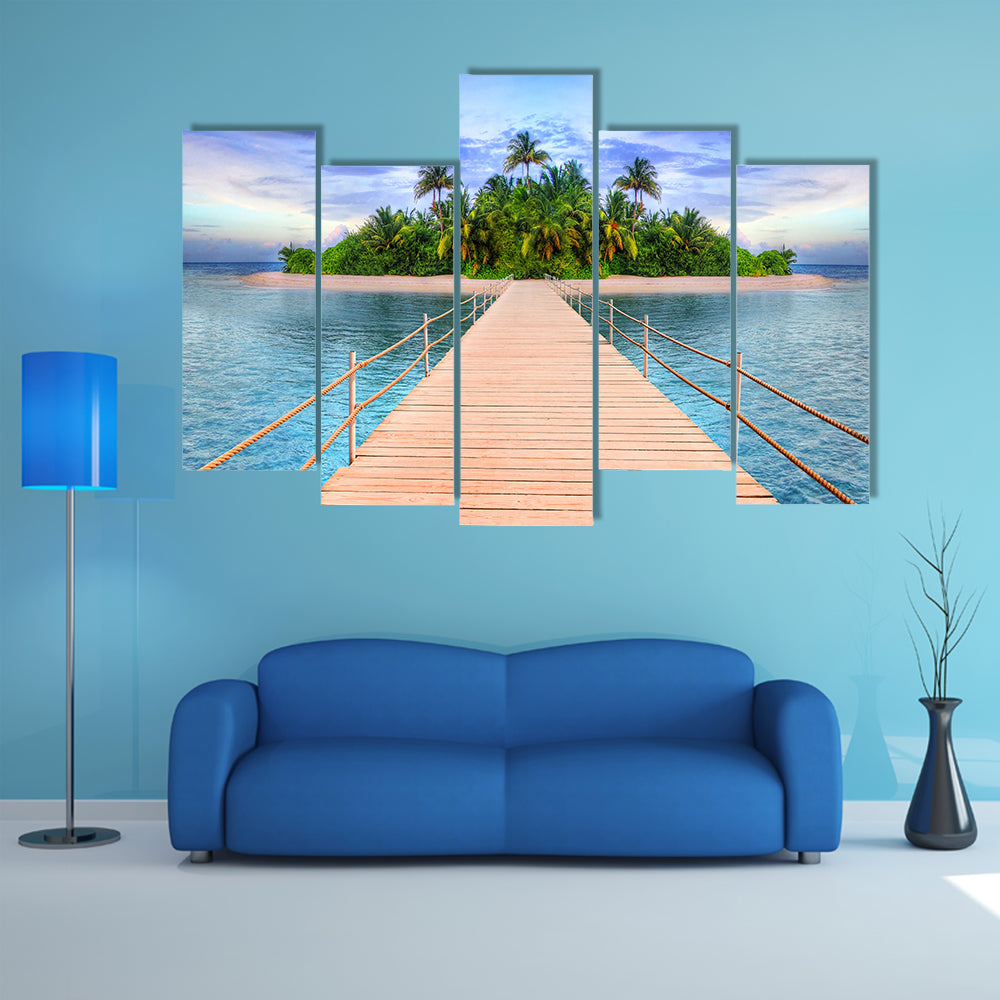 Wooden Pier to Tropical Maldives Island Canvas Wall Art