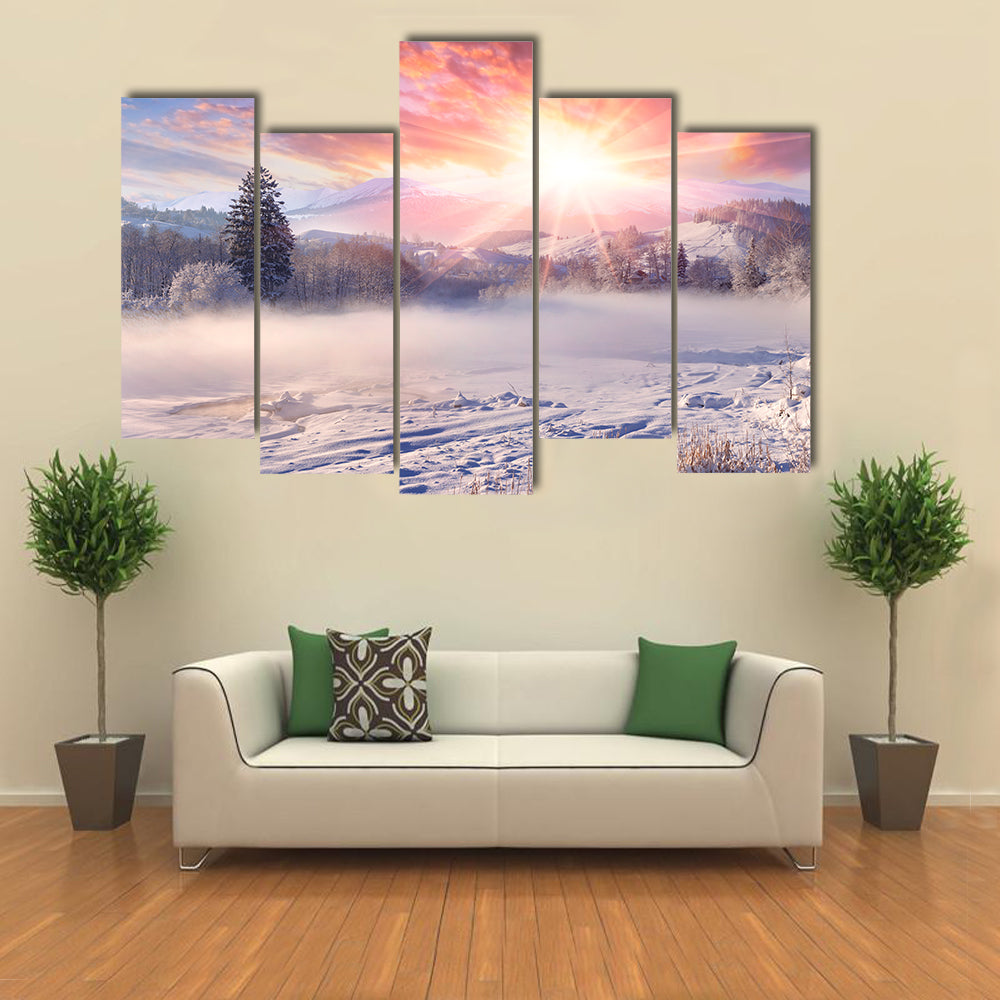Winter Sunrise In Mountain Village Canvas Wall Art