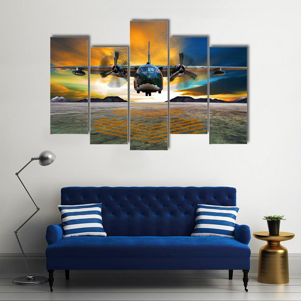 Twin-engine Military Transport at Golden Hour Canvas Wall Art