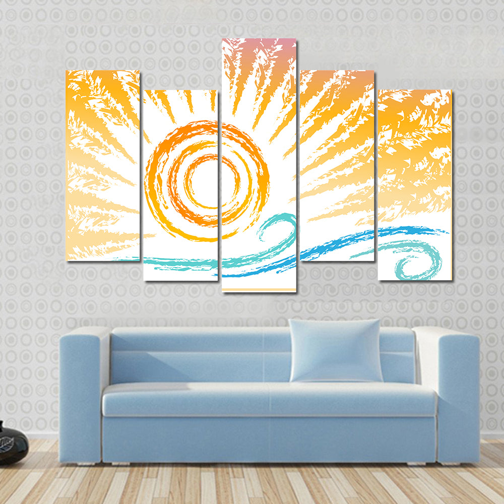 Stylized Sun and Ocean Waves Canvas Wall Art