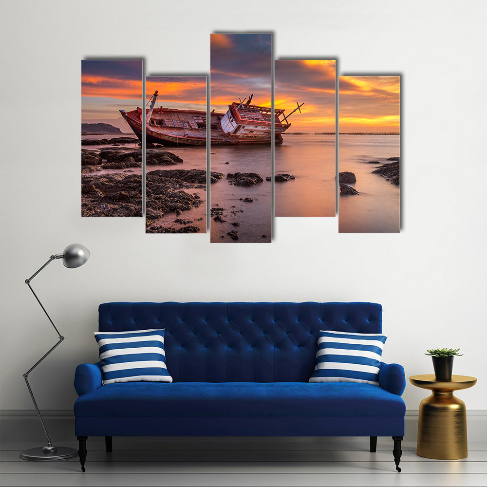 Fishing Boat Moored On Beach At Sunset Canvas Wall Art