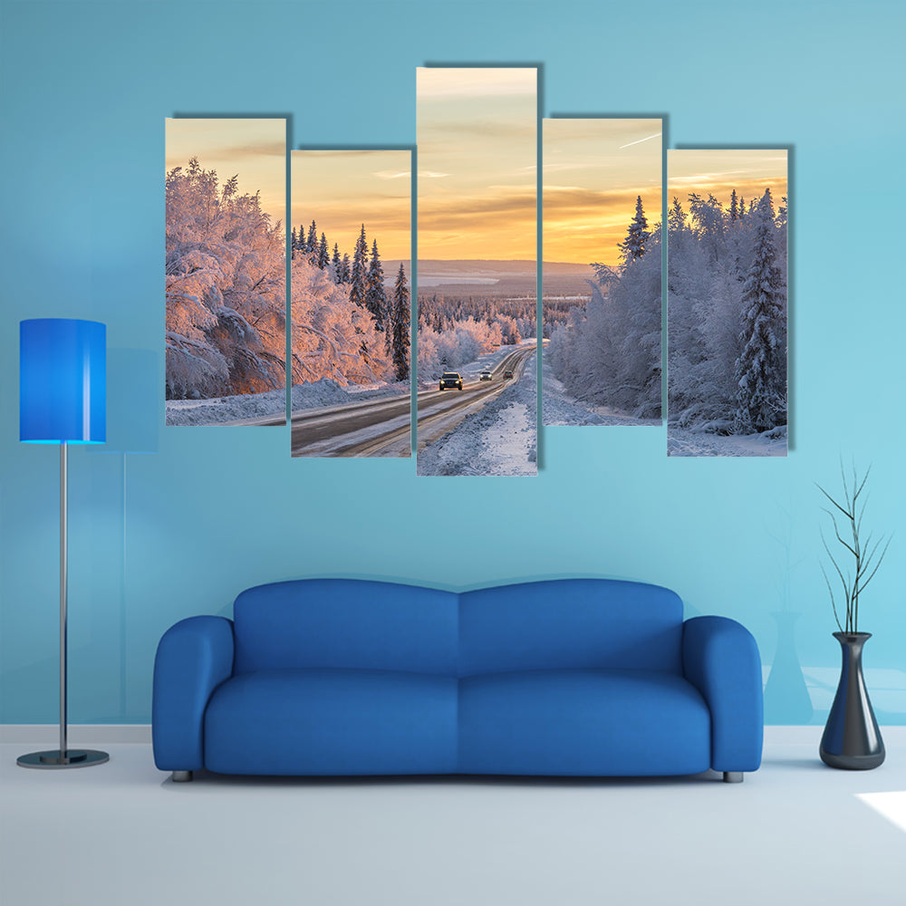 Winter Road In Northern Sweden Canvas Wall Art
