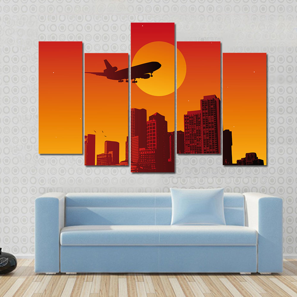 Airplane with Landing Gear Over Sunset City Canvas Wall Art