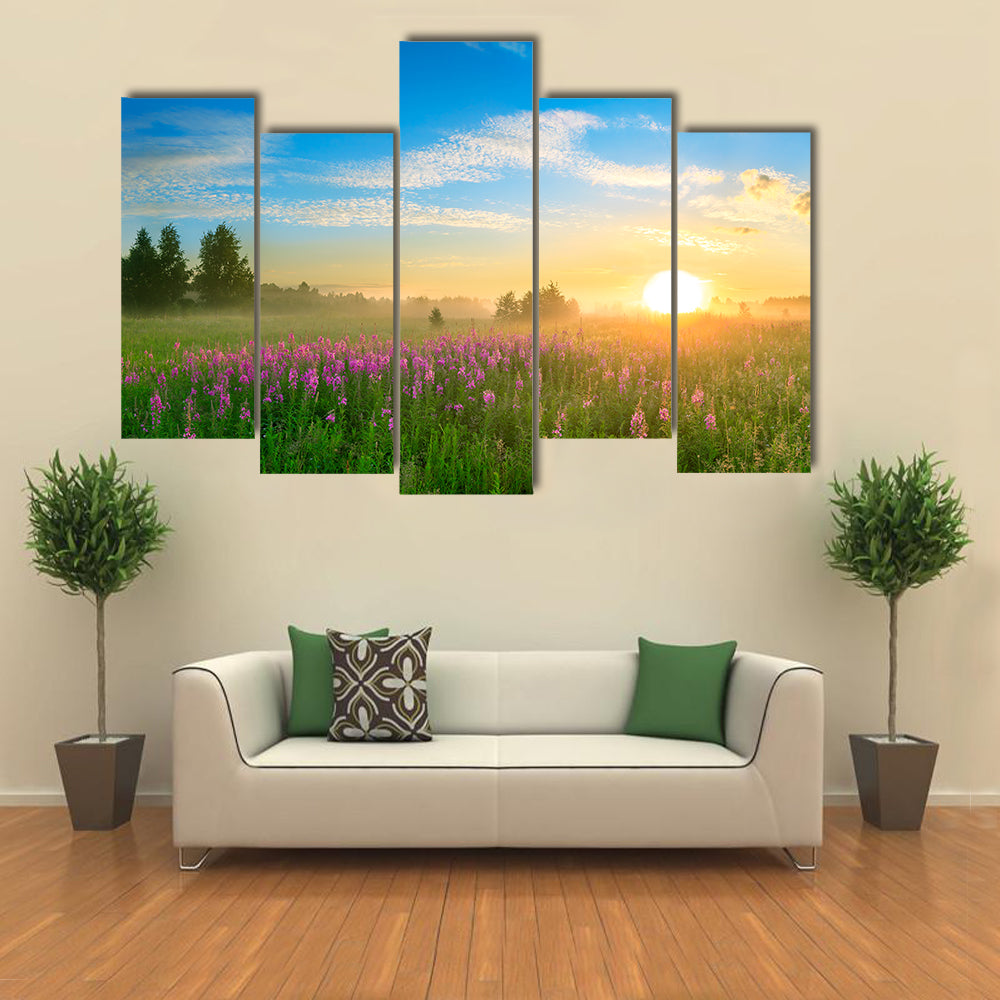 Sunrise Over Blossoming Meadow Canvas Wall Art