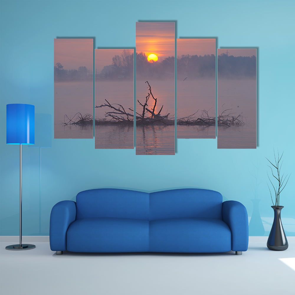 Misty Lake Sunrise Canvas Wall Art