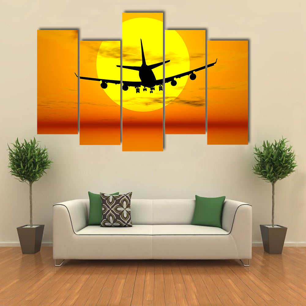 Airplane Silhouette Over Tropical Sunset Canvas Wall Art