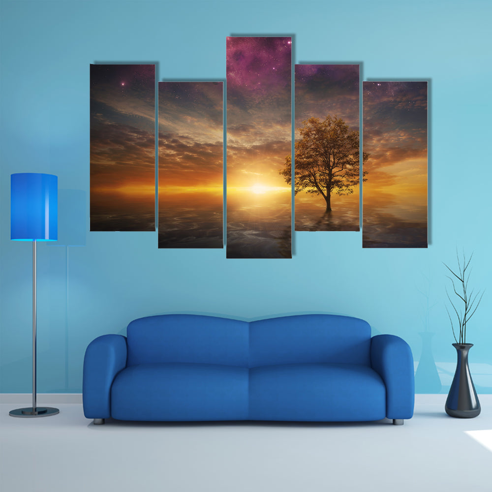 Surreal Tree Over Lake at Sunset Canvas Wall Art