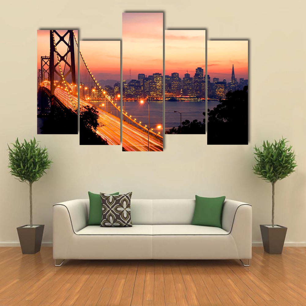 San Francisco And Bay Bridge At Sunset Canvas Wall Art