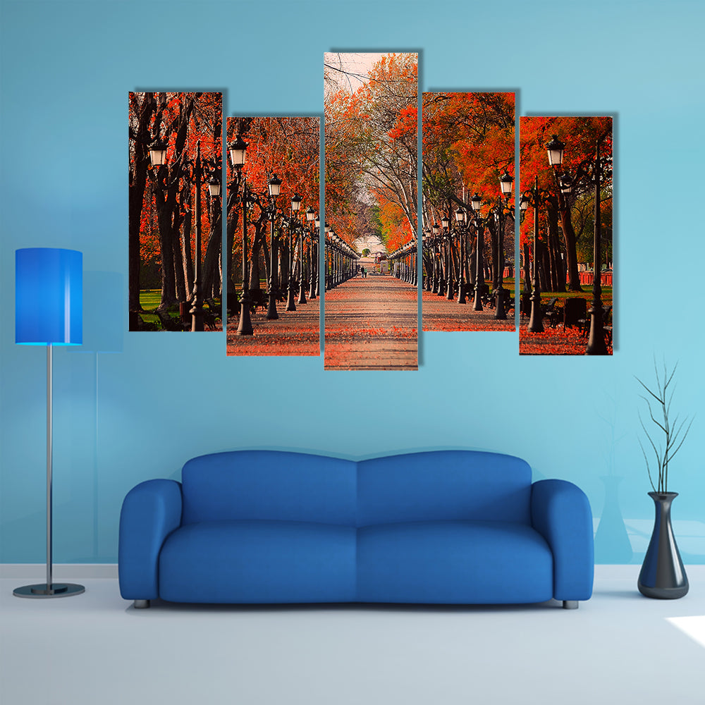 Red Autumn Park Pathway Canvas Wall Art