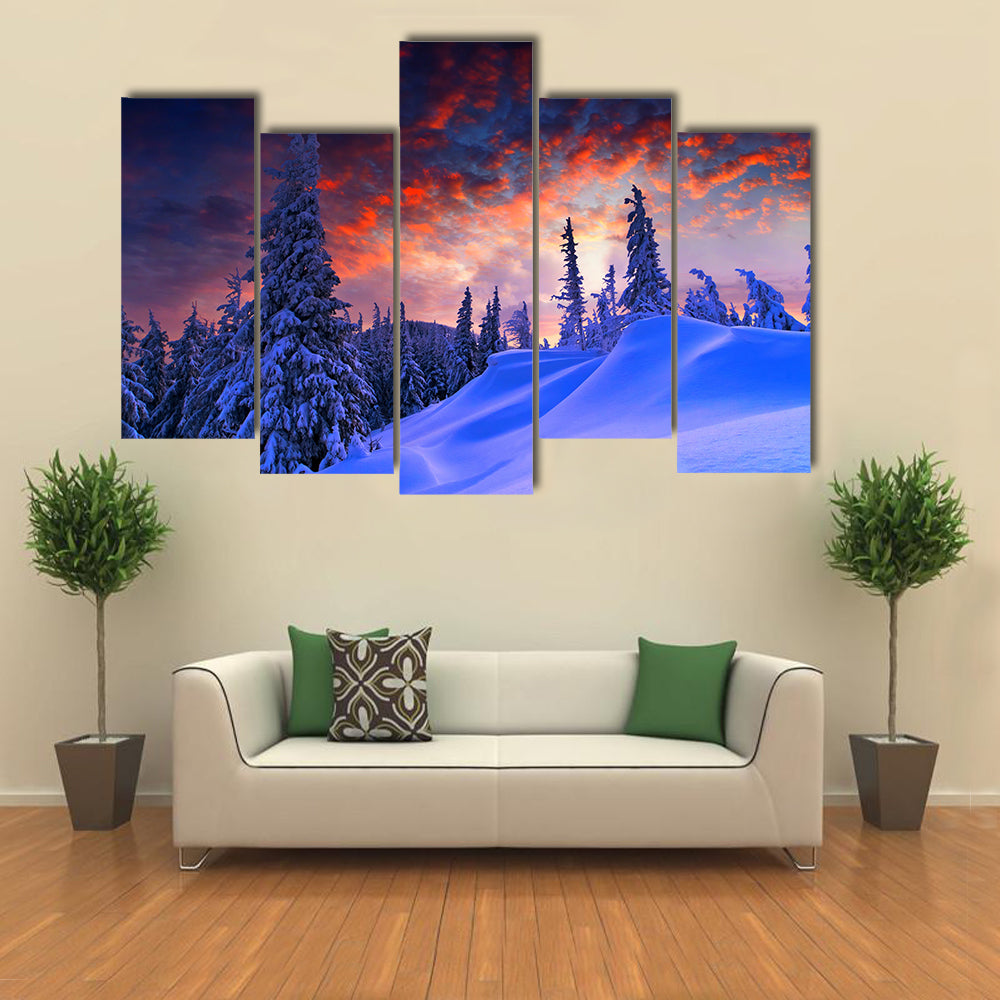 Snowy Winter Landscape At Sunset Canvas Wall Art