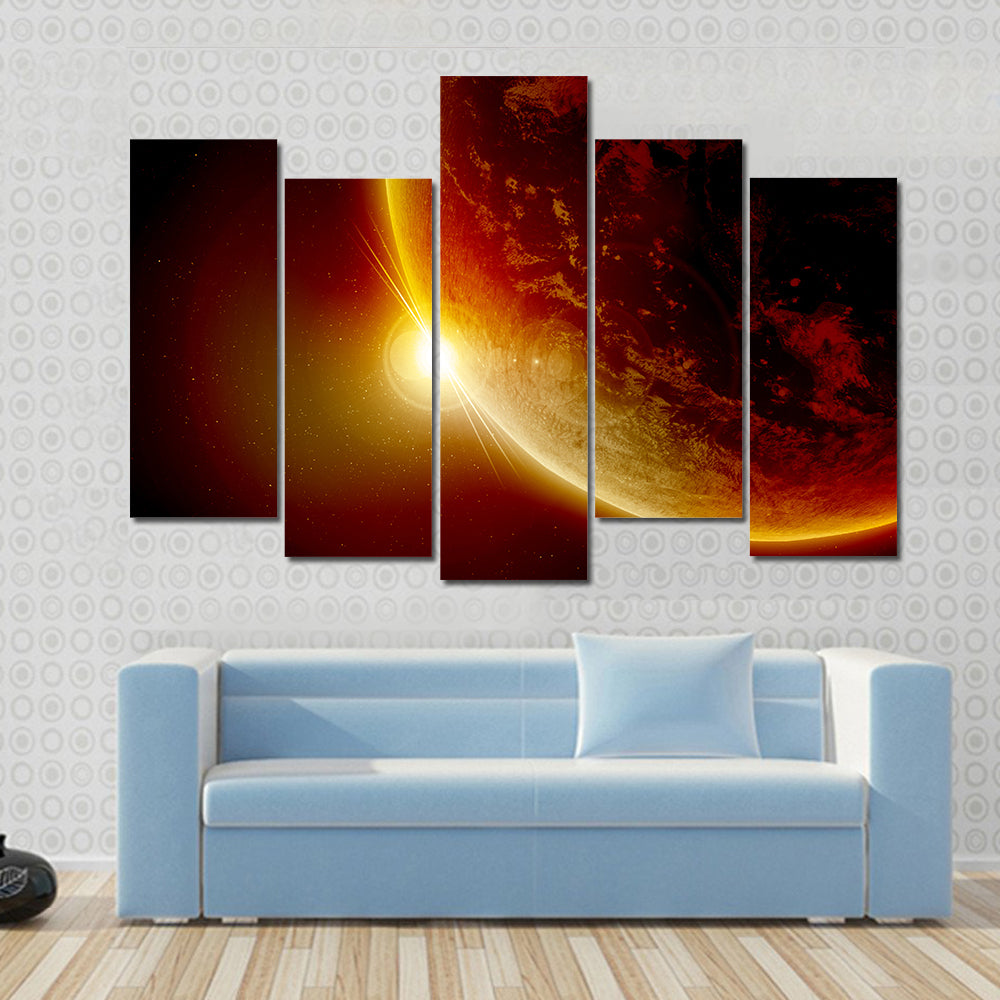 Red Planet Earth In Outer Space With Sun Canvas Wall Art