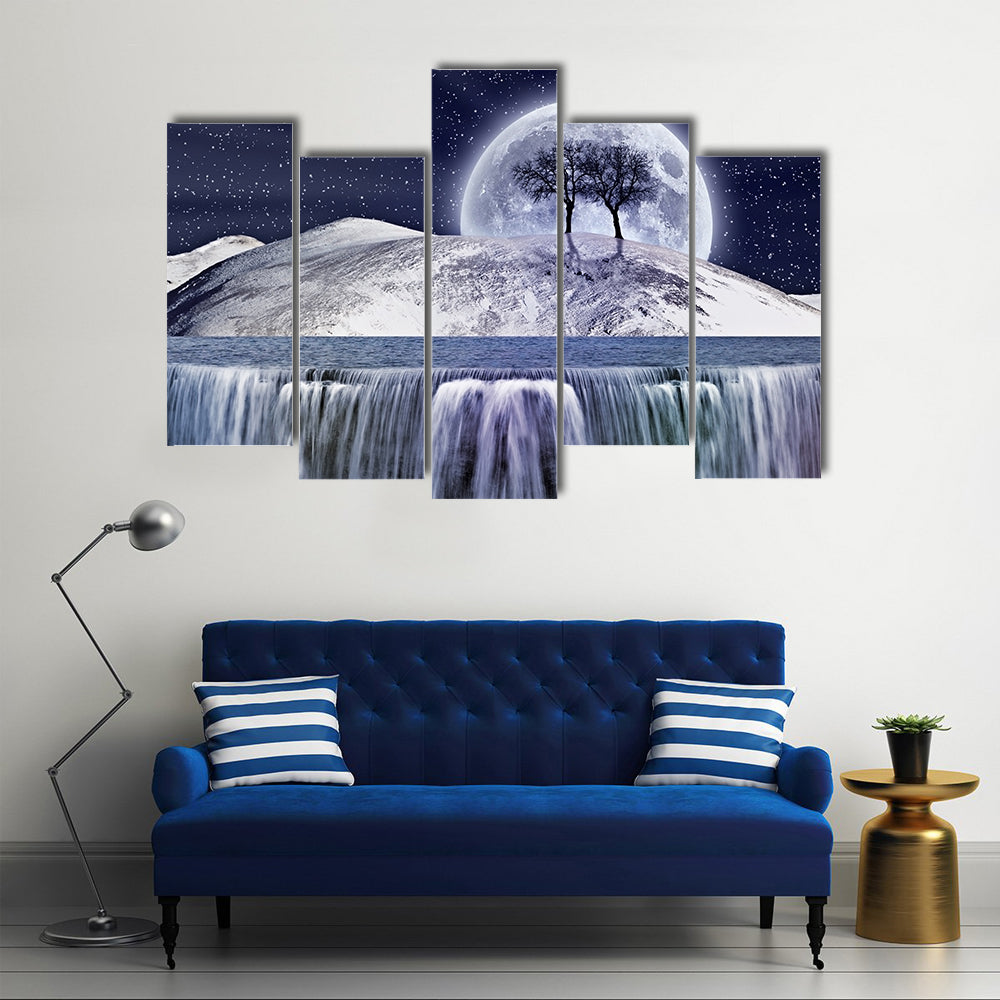 Winter Moonlight Landscape with Waterfall Canvas Wall Art