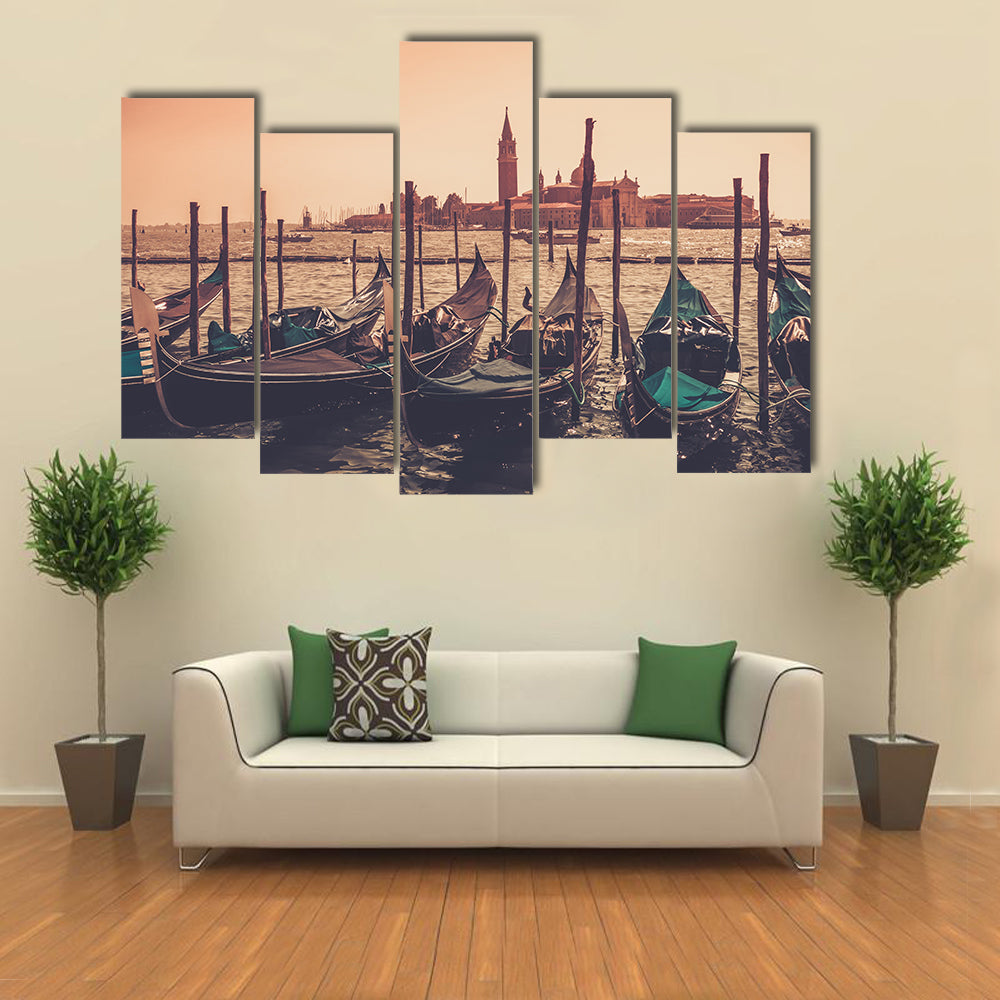 Gondolas Against Venice Panorama In Canal Canvas Wall Art