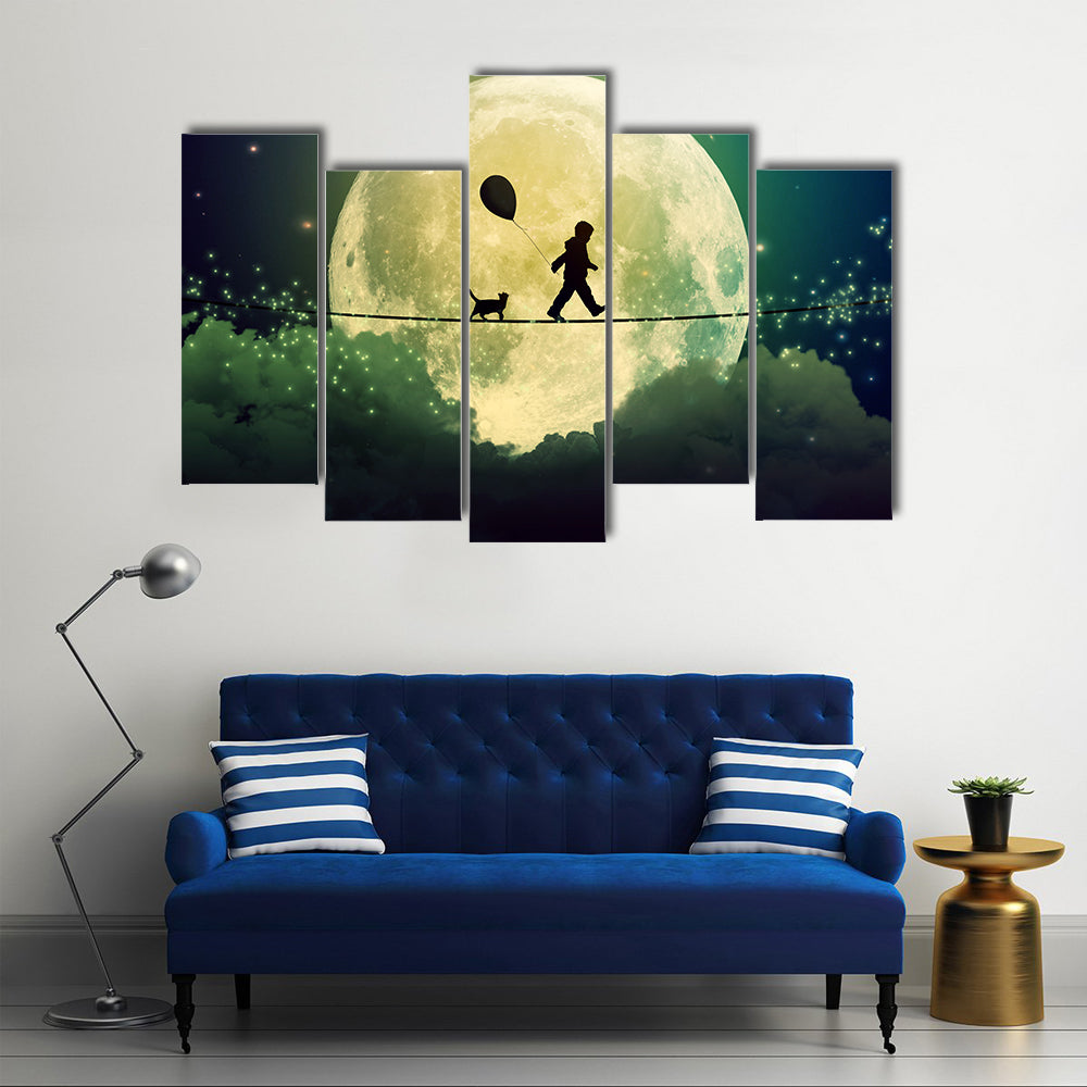 Child on Tightrope Under Full Moon Canvas Wall Art