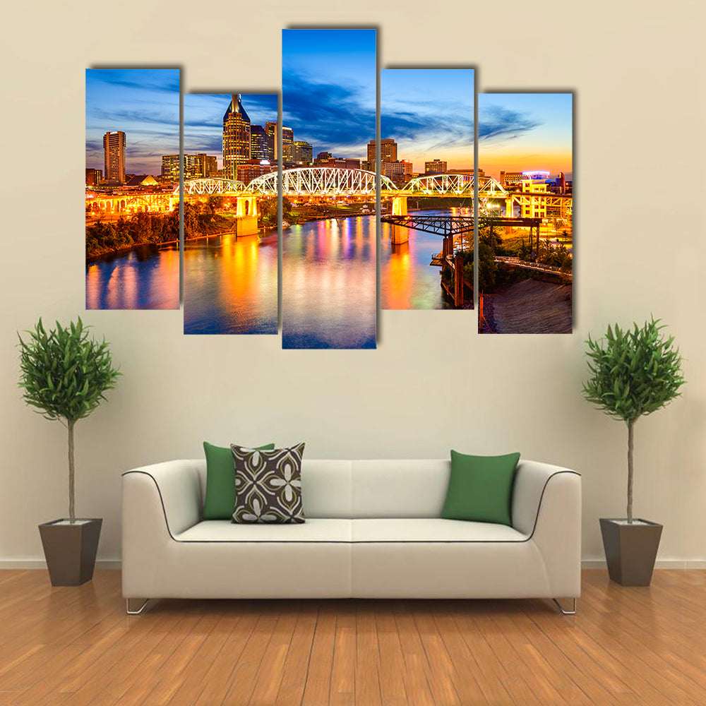Nashville Skyline with Pedestrian Bridge at Dusk Canvas Wall Art