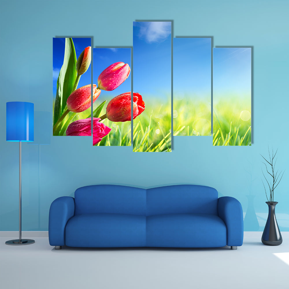 Sunny Spring Tulips in Meadow Canvas Wall Art