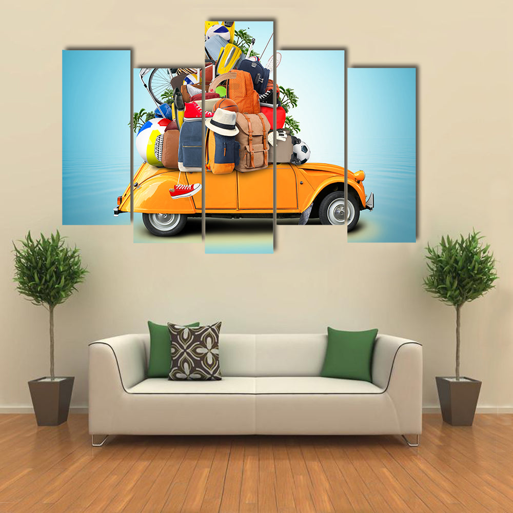 Yellow-orange 2cv with Overloaded Luggage Canvas Wall Art
