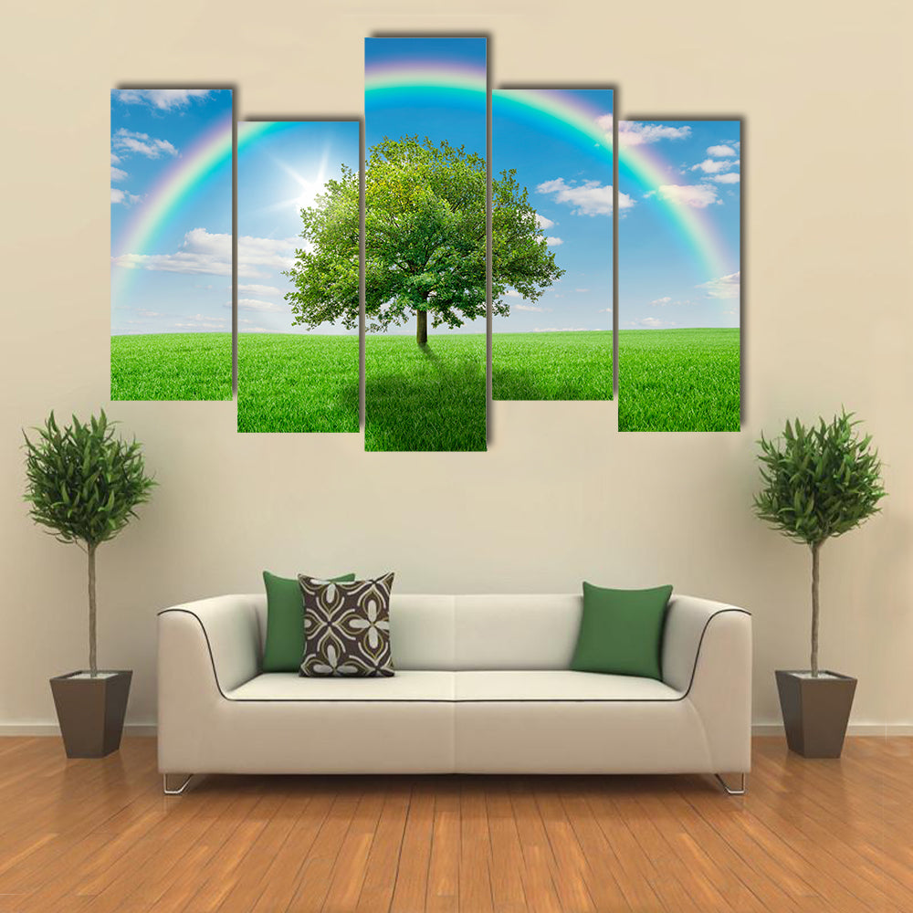 Old Oak Tree on Green Meadow Canvas Wall Art