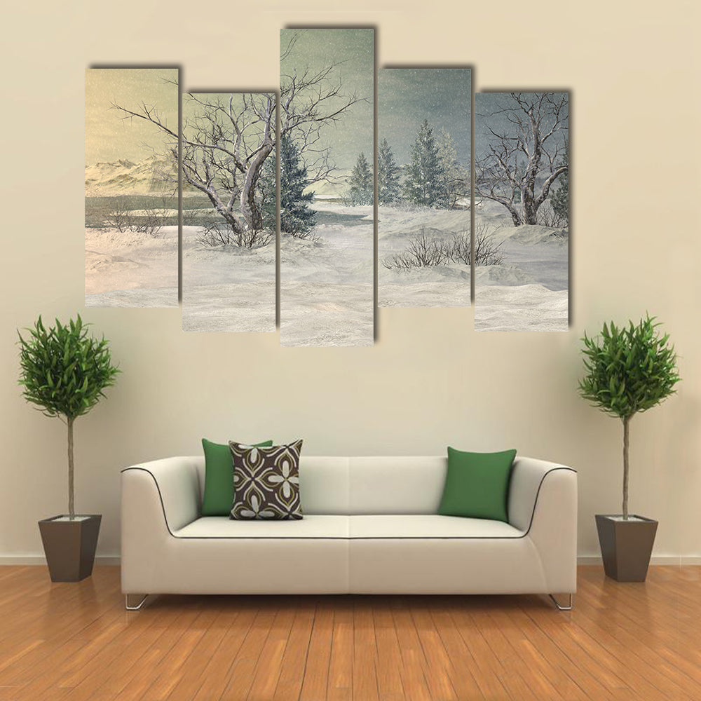 Snow-covered Field with Bare Trees and Mountains Canvas Wall Art