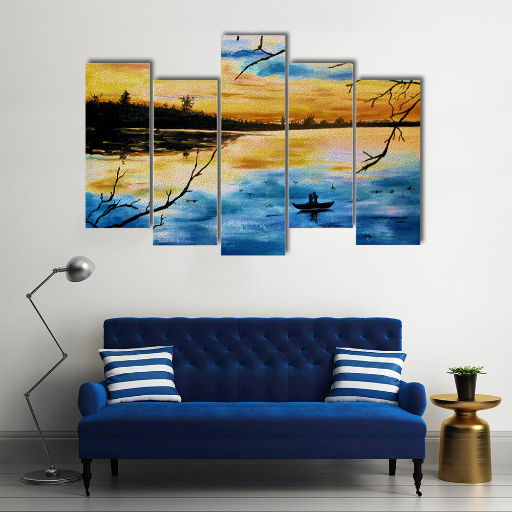 Lovers in a Boat at Sunset Canvas Wall Art