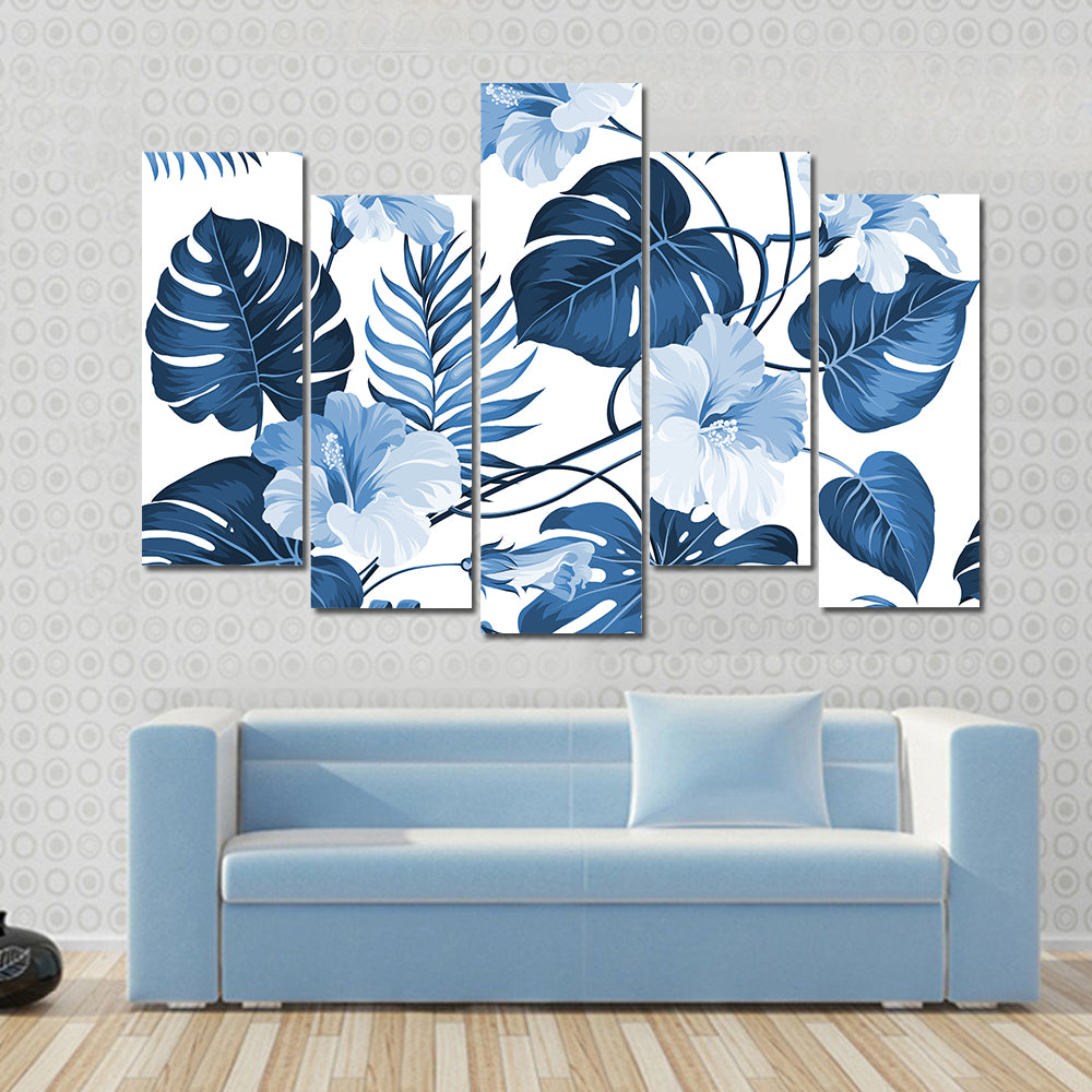 Navy Blue Tropical Leaves Pattern Canvas Wall Art