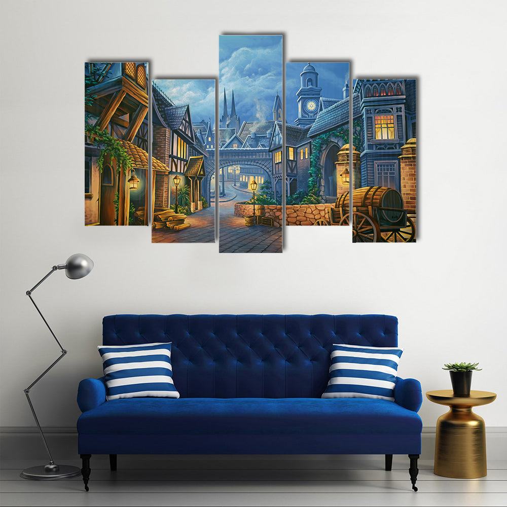 Twilight Medieval Village Through Stone Archway Canvas Wall Art