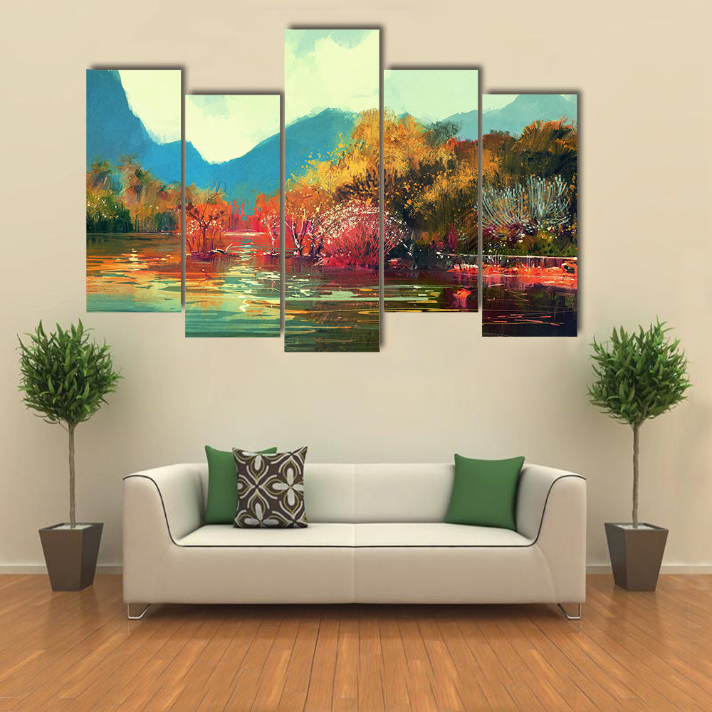 Autumn Lake Forest Illustration Canvas Wall Art